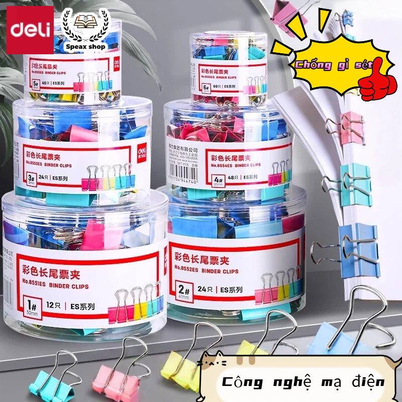 Kẹp Bướm Màu Deli 15mm 19mm 25mm 32mm 41mm 51mm Kẹp Giấy Ghi Chú, Tài Liệu, Văn Phòng Tiện Lợi