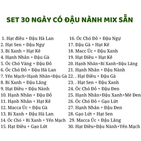 Set 30 Ngày Các Hạt Dinh Dưỡng Nấu Sữa Mix Sẵn, Set Hạt Làm Sữa Đồ Ăn Dặm Cho Bé Nấu Sữa
