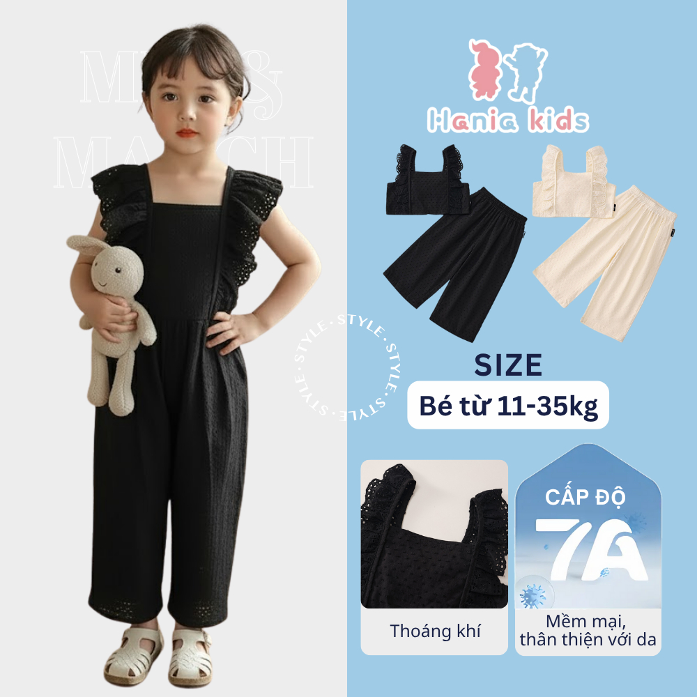 Đồ Bộ Bé Gái Hania Kids Áo Croptop Phối Bèo Vai + Quần Ống Rộng, 2 Màu Đen & Be, Dễ Phối Dễ Mặc