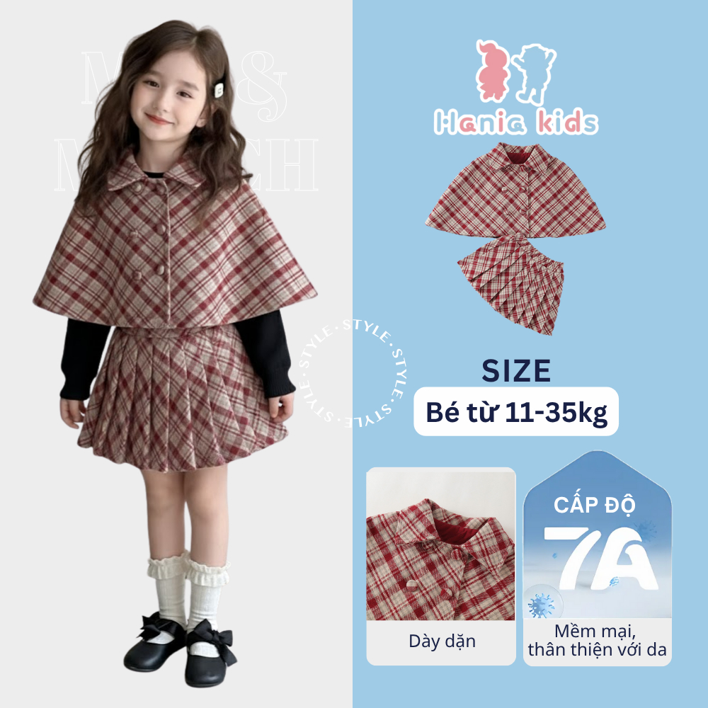 Set Đồ Bộ Bé Gái Hania Kids Áo Choàng Phối Chân Váy Xòe Họa Tiết Kẻ Caro Đỏ Tiểu Thư Dễ Thương