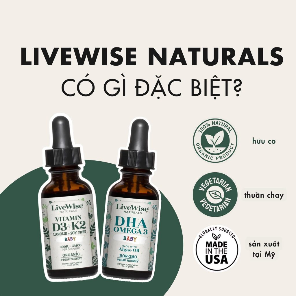 Bộ đôi DHA và D3K2  của hãng LIVEWISE cung cấp d3k2 và dha cho bé từ sơ sinh đến 2 tuổi, lọ 30ml