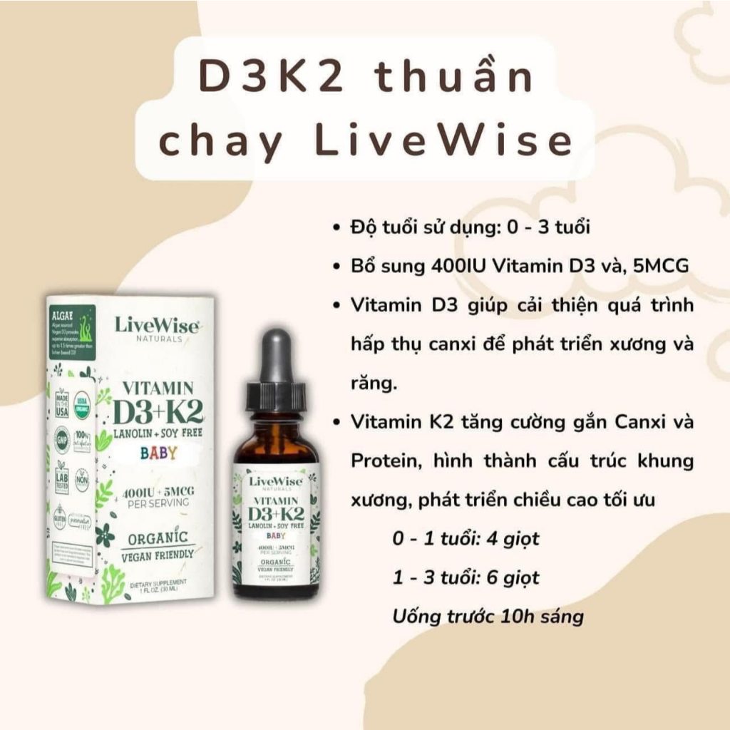 Bộ đôi DHA và D3K2  của hãng LIVEWISE cung cấp d3k2 và dha cho bé từ sơ sinh đến 2 tuổi, lọ 30ml