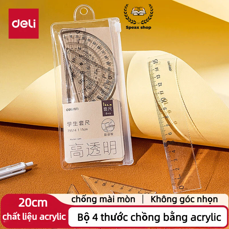 Bộ 4 Dụng Cụ Hình Học Deli – Thước Kẻ & Eke Tam Giác Trong Suốt, Số To, Dễ Đọc