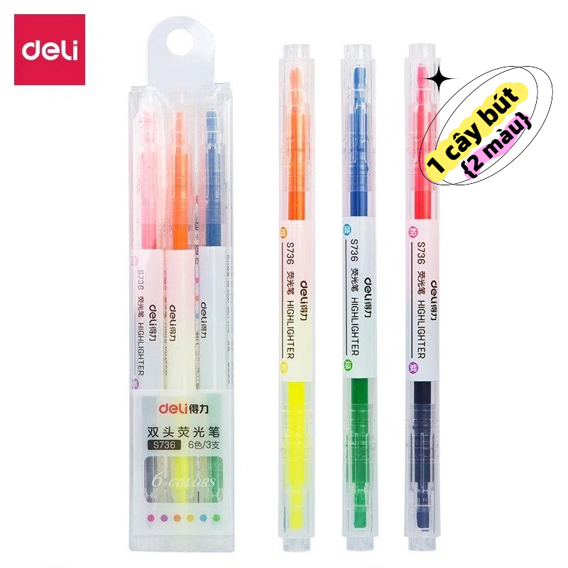 Bộ Bút Highlight Deli Hai Đầu Nhiều Màu Dạ Quang, Đánh Dấu Dòng Tiện Lợi Cho Học Sinh Văn Phòng