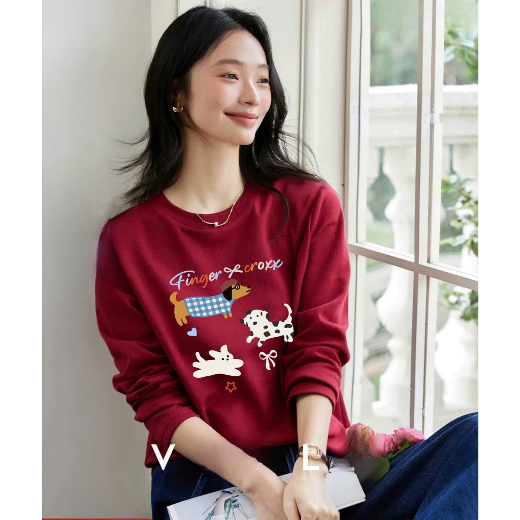 Áo thun nữ tay dài, Áo phông Đỏ tay dài in hình JULY FASHION, Áo Thu Đông Basic chất thun xượt, thun giấy mềm mịn