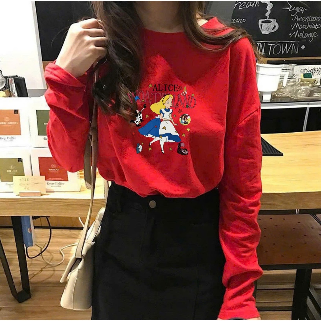 Áo thun nữ tay dài, Áo phông Đỏ tay dài in hình JULY FASHION, Áo Thu Đông Basic chất thun xượt, thun giấy mềm mịn