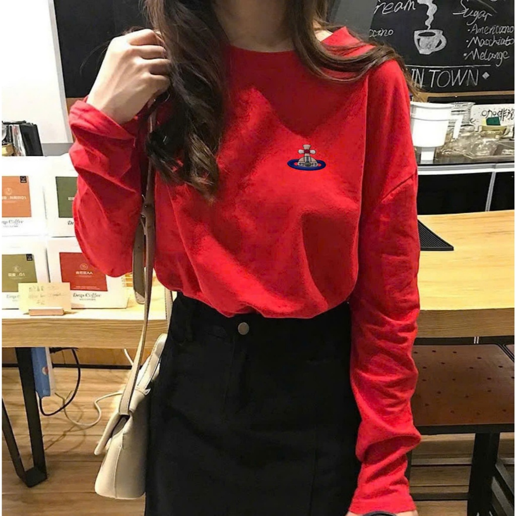 Áo thun nữ tay dài, Áo phông Đỏ tay dài in hình JULY FASHION, Áo Thu Đông Basic chất thun xượt, thun giấy mềm mịn