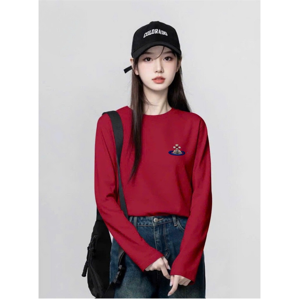 Áo thun nữ tay dài, Áo phông Đỏ tay dài in hình JULY FASHION, Áo Thu Đông Basic chất thun xượt, thun giấy mềm mịn