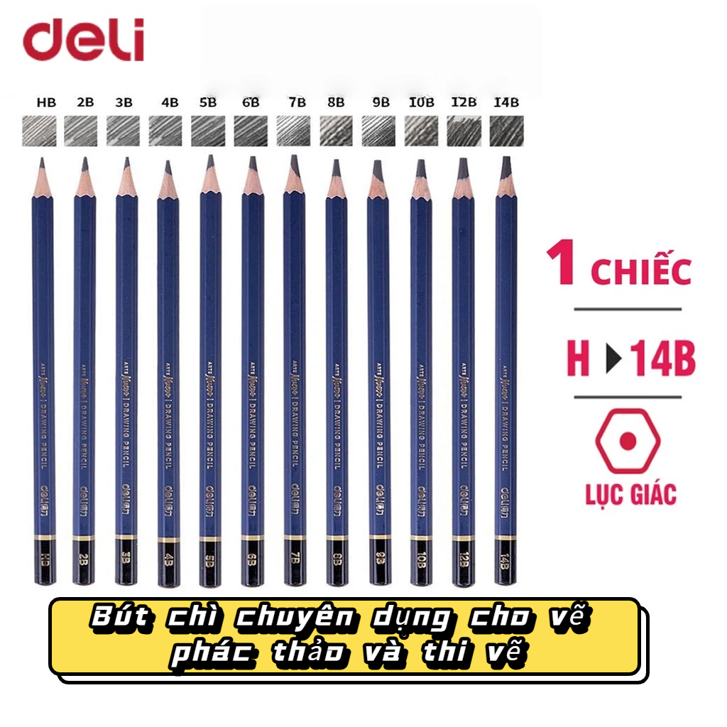 Bút Chì Phác Thảo Cao Cấp Deli S999 – Độ Cứng 2B–14B, H–3H, HB, Vẽ Chuyên Nghiệp