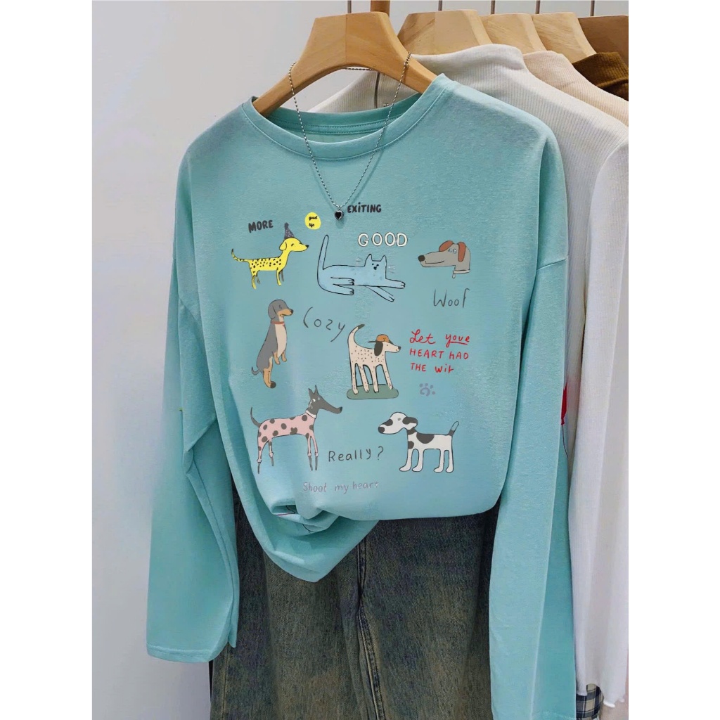 Áo dài tay nữ gam màu xanh in hình JULY FASHION, Áo thun nữ tay dài mặc thu đông thun xượt, thun giấy