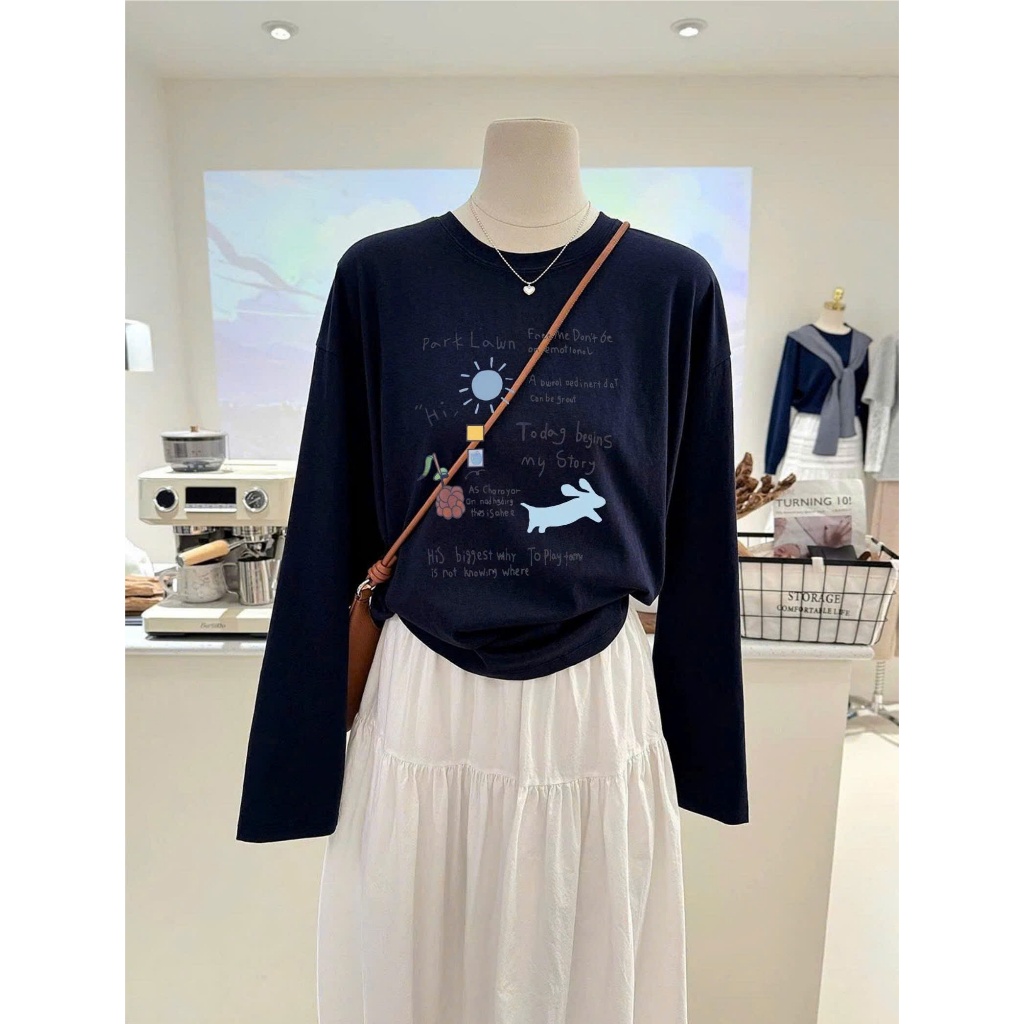 Áo dài tay nữ dang rộng in hình thỏ trắng dể thương JULY FASHION, Áo thun nữ tay dài chất thun xượt mềm mịn