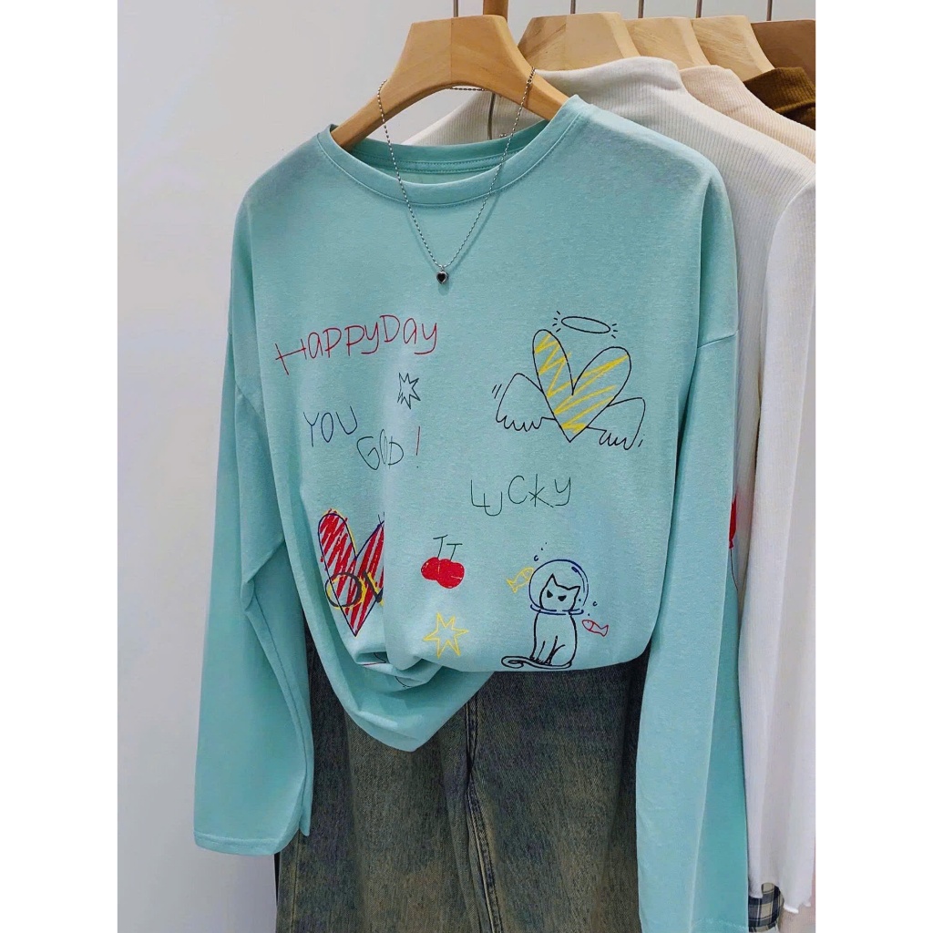 Áo dài tay nữ dang rộng in hình thỏ trắng dể thương JULY FASHION, Áo thun nữ tay dài chất thun xượt mềm mịn