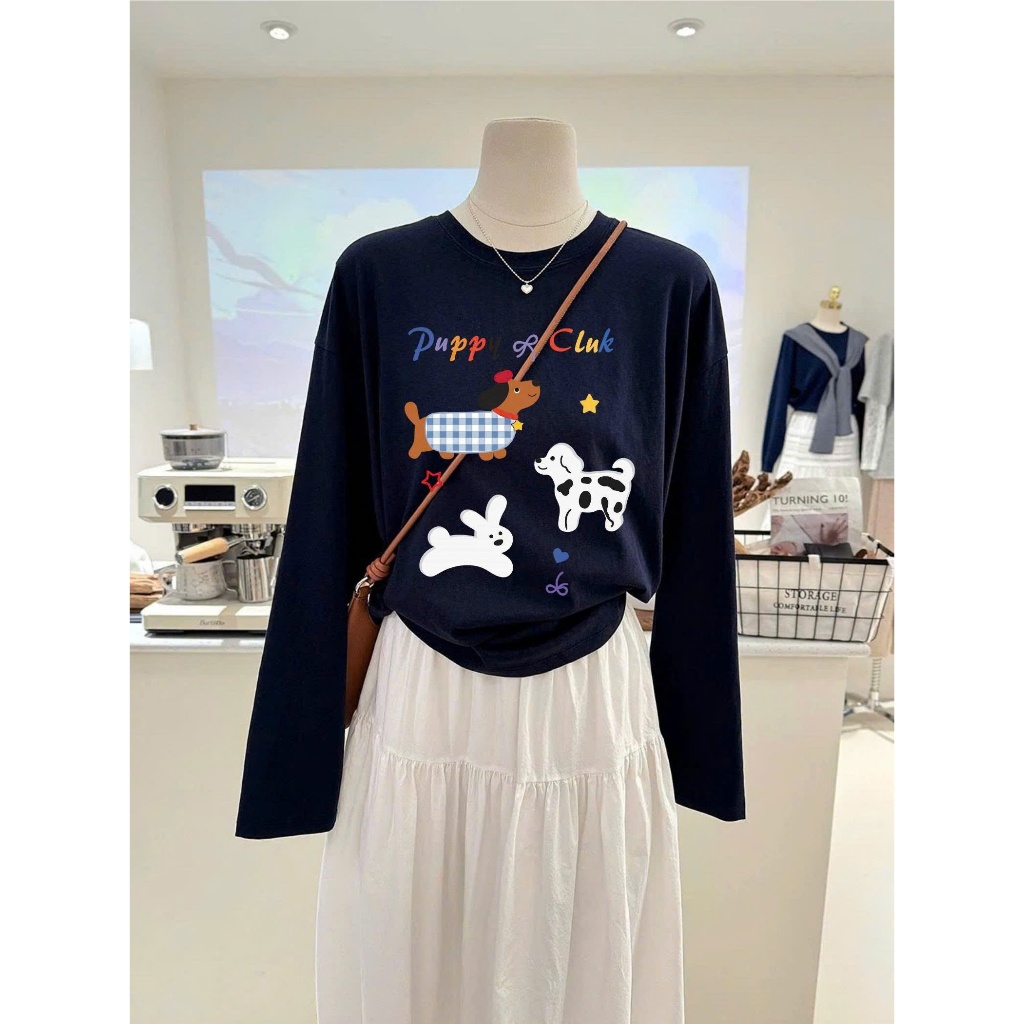 Áo dài tay nữ dang rộng in hình thỏ trắng dể thương JULY FASHION, Áo thun nữ tay dài chất thun xượt mềm mịn