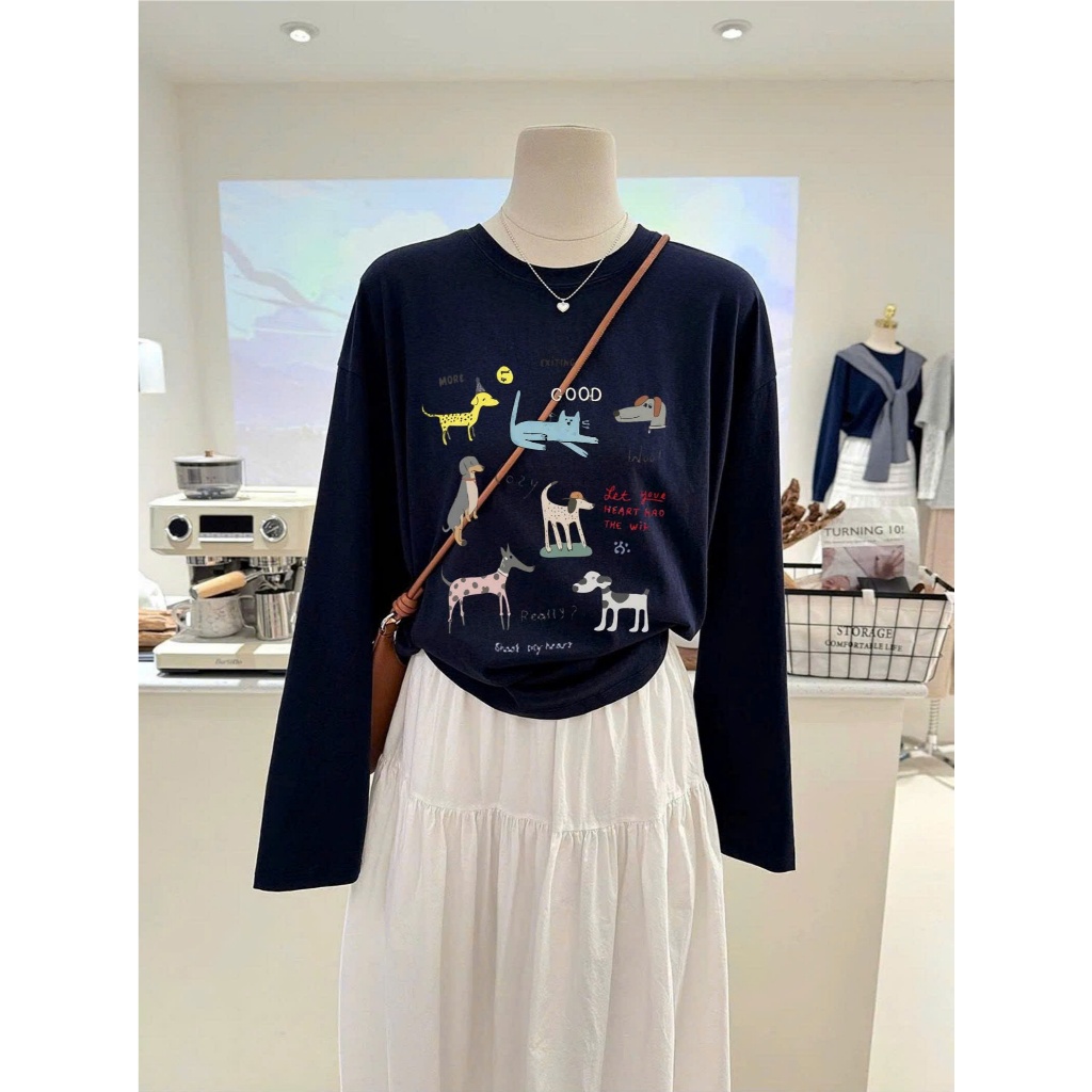 Áo dài tay nữ gam màu xanh in hình JULY FASHION, Áo thun nữ tay dài mặc thu đông thun xượt, thun giấy