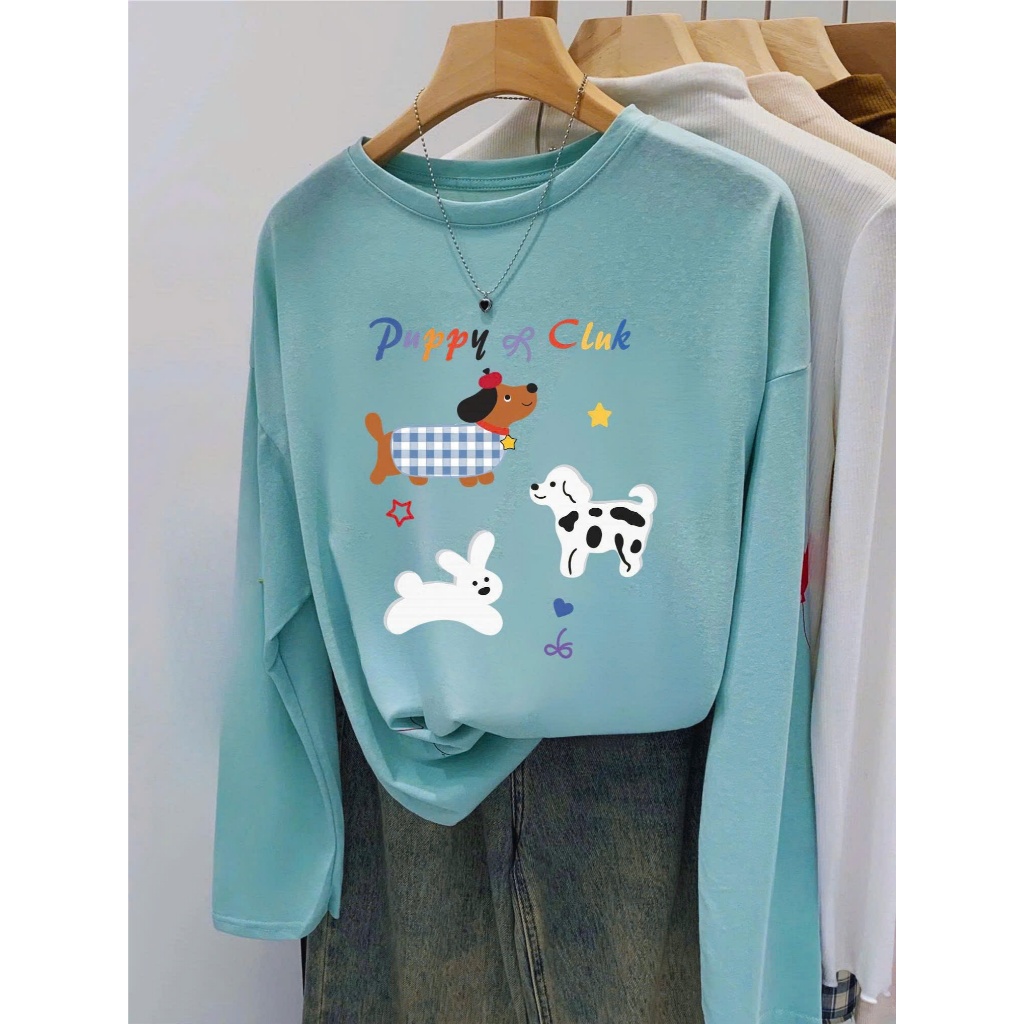 Áo dài tay nữ dang rộng in hình thỏ trắng dể thương JULY FASHION, Áo thun nữ tay dài chất thun xượt mềm mịn