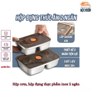 [2 ngăn] Hộp inox304, có 2 ngăn đựng thực, phẩm đựng cơm, nắp kín - tiện dụng, siêu bền