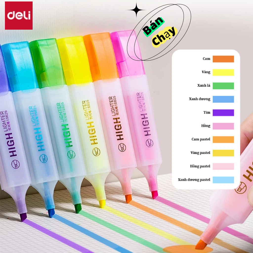 Bút highlight 6 màu dạng dẹp Mực bền màu lâu trôi, đầu bút rộng đánh dấu nhanh chóng