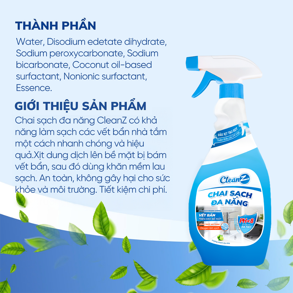 Chai Sạch Đa Năng CLEANZ Vệ Sinh Nhà Tắm Chống Ăn Mòn Inox Vệ Sinh Vòi Rửa, Vòi Sen, Vách Kính