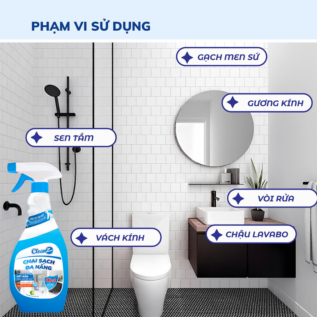 Chai Sạch Đa Năng CLEANZ Vệ Sinh Nhà Tắm Chống Ăn Mòn Inox Vệ Sinh Vòi Rửa, Vòi Sen, Vách Kính