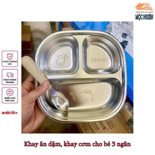 [3 ngăn] Khay ăn dặm 3 ngăn cho bé kèm thìa muỗng, chất liệu inox cao cấp - tiện dụng, an toàn