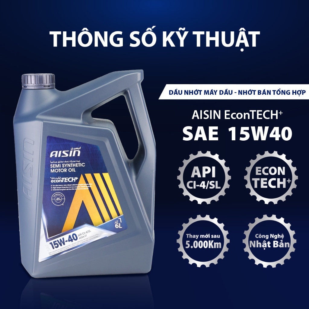 Nhớt Động Cơ AISIN ECSI1546P 15W-40 CI4 / SL Econtech+ Semi Synthetic 6L