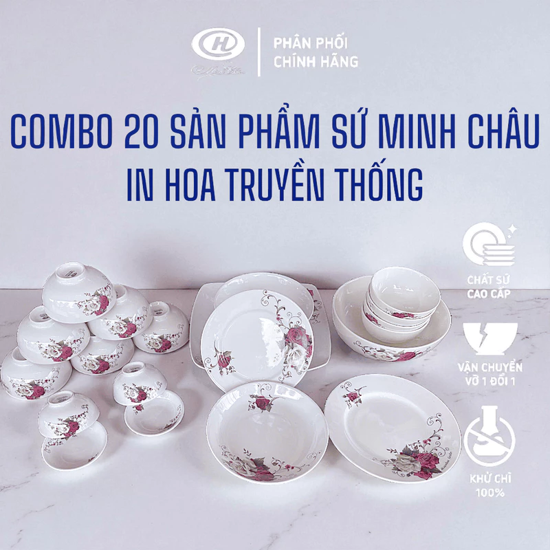 Bộ bàn ăn sứ 20 sản phẩm Minh Châu bộ chén đĩa cao cấp in hoa truyền thống sang trọng tinh tế bền đẹp — ảnh 1