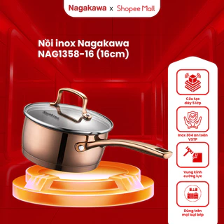 Nồi inox 304 16cm đa đáy cán dài Nagakawa NAG1358-16, dùng cho mọi loại bếp, hàng chính hãng