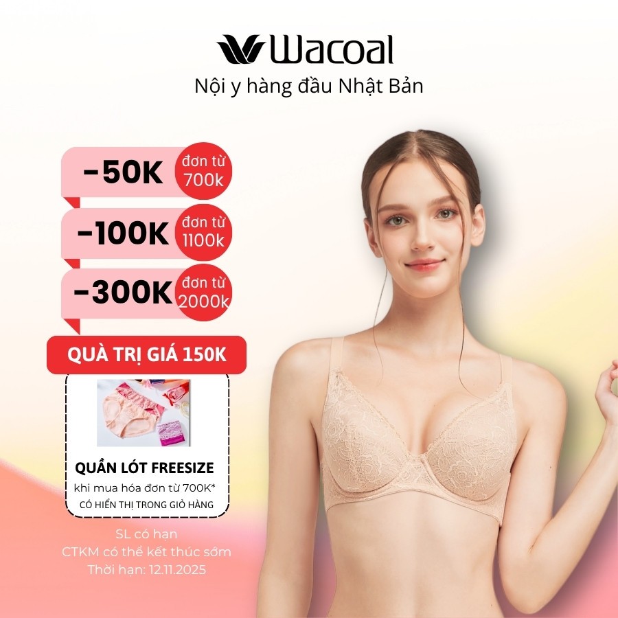 Áo ngực nữ Wacoal ILB4098 không mút nâng ngực nhẹ có gọng chống tuột, Áo lót ren Bigsize dây đeo điều chỉnh - LB4098