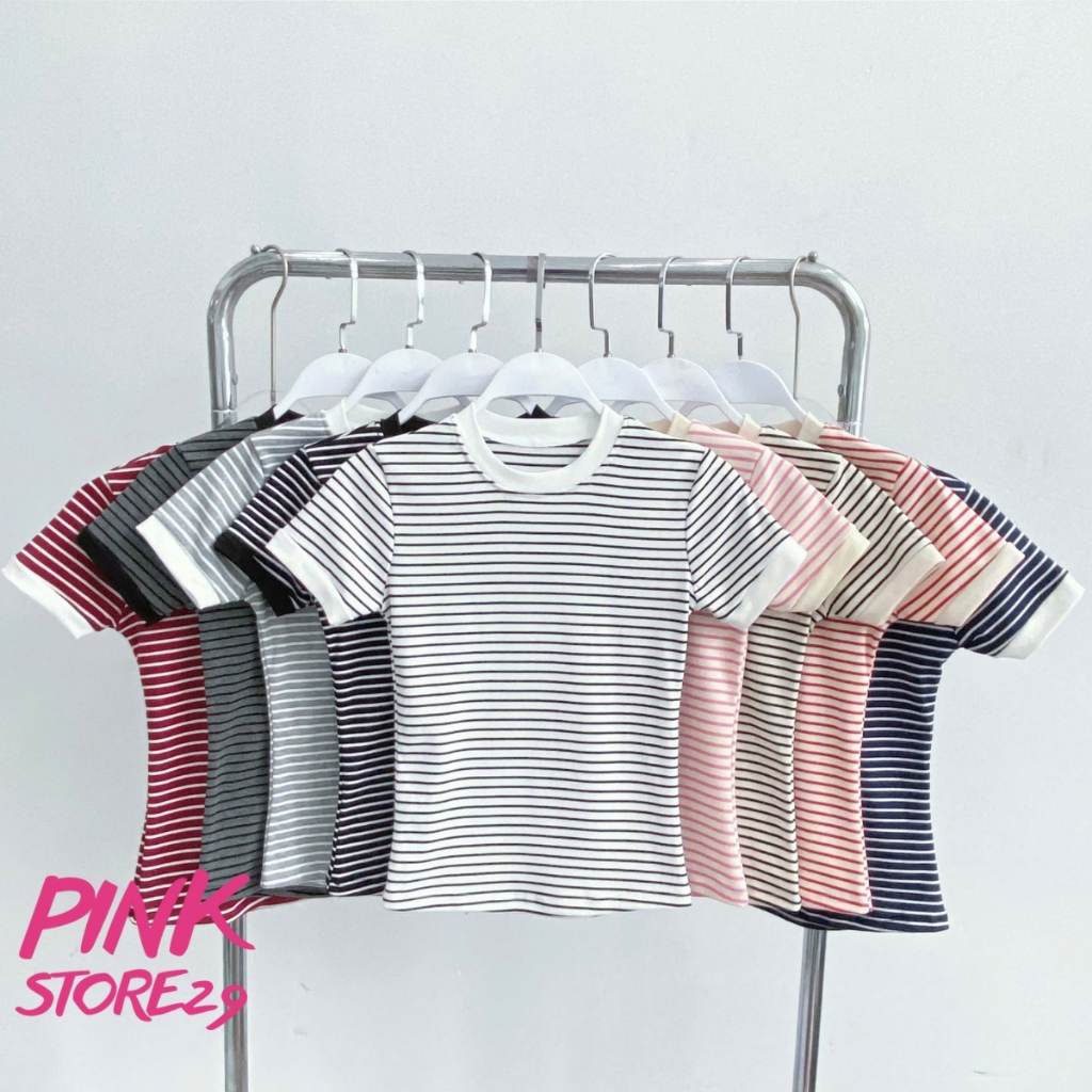 Áo Thun Nữ Dáng Ôm Kẻ Sọc PINKSTORE29 Phối Viền Tay Cổ Kiểu Basic A51505 | BigBuy360 - bigbuy360.vn