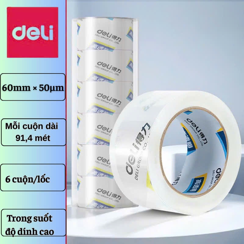 Băng Keo Trong Deli 48mm x 60Y – Siêu Dính Cực Mạnh, Dày 50µm, Không Bong, Dán Thùng Đóng Hàng, Cuộn Lớn Giá Rẻ