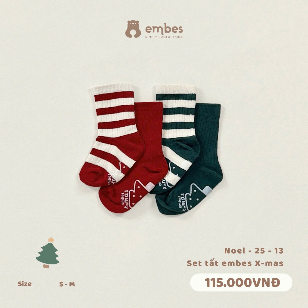 Tất Cho Bé Embes, Set 3 Đôi Vớ Chống Trơn Chất Cotton Mềm Mại Co Giãn Cho Bé Trai Bé Gái Từ 1-4 Tuổi