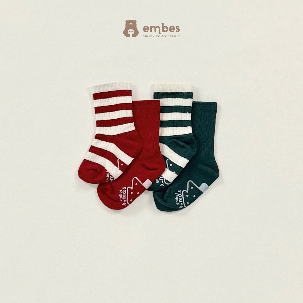 [Embes-Santa's Present] Tất Noel Cho Bé, Set 4 Đôi Tất  Hoạ Tiết Chống Trơn Trượt Cho Bé Từ 1-4 Tuổi