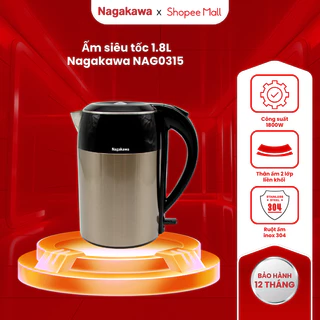 Ấm siêu tốc đun nước 1.8 2 lớp Nagakawa NAG0315, bình đun siêu tốc 1800W, ruột inox 304 chống gỉ, tự ngắt điện an toàn