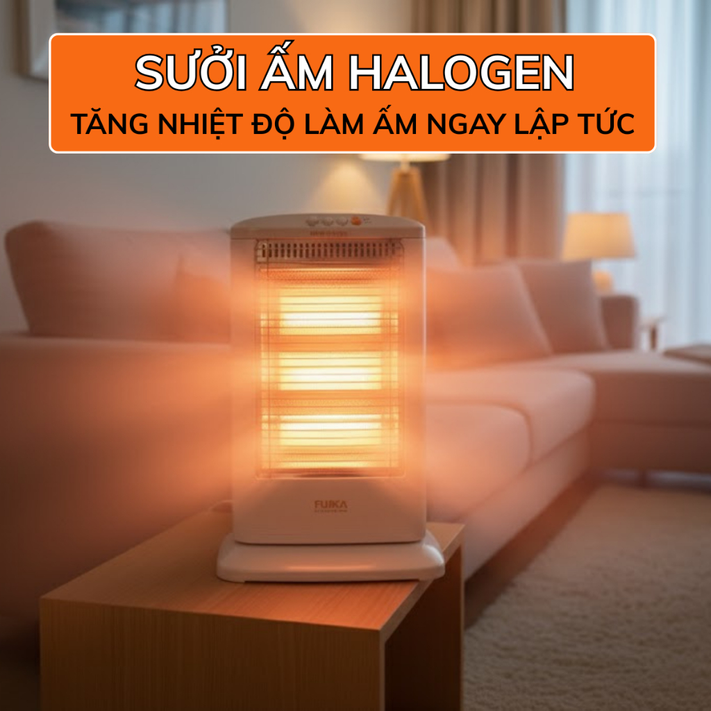 Đèn sưởi 3 bóng Fujika chính hãng, máy sưởi phòng công suất lớn xoay góc 90 độ, tự ngắt khi đổ