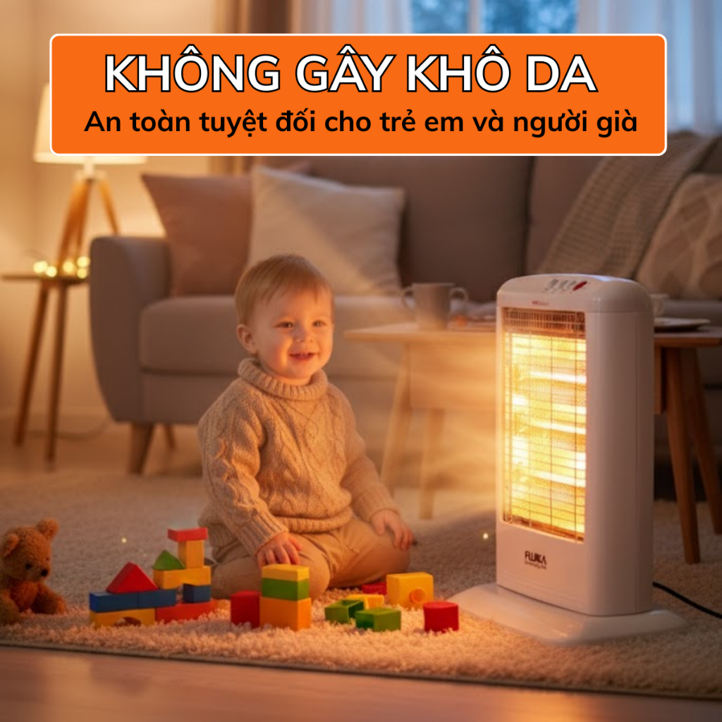 Đèn sưởi 3 bóng Fujika chính hãng, máy sưởi phòng công suất lớn xoay góc 90 độ, tự ngắt khi đổ