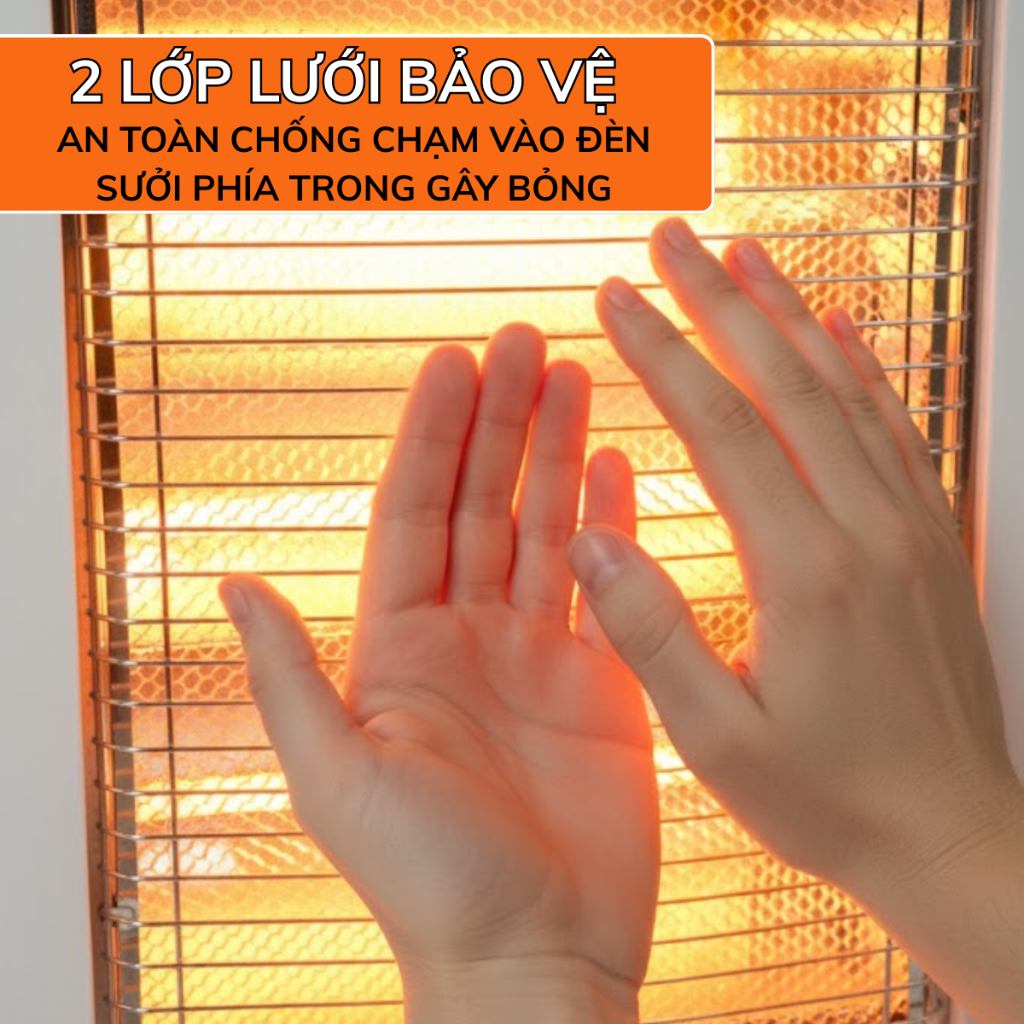 Đèn sưởi 3 bóng Fujika chính hãng, máy sưởi phòng công suất lớn xoay góc 90 độ, tự ngắt khi đổ