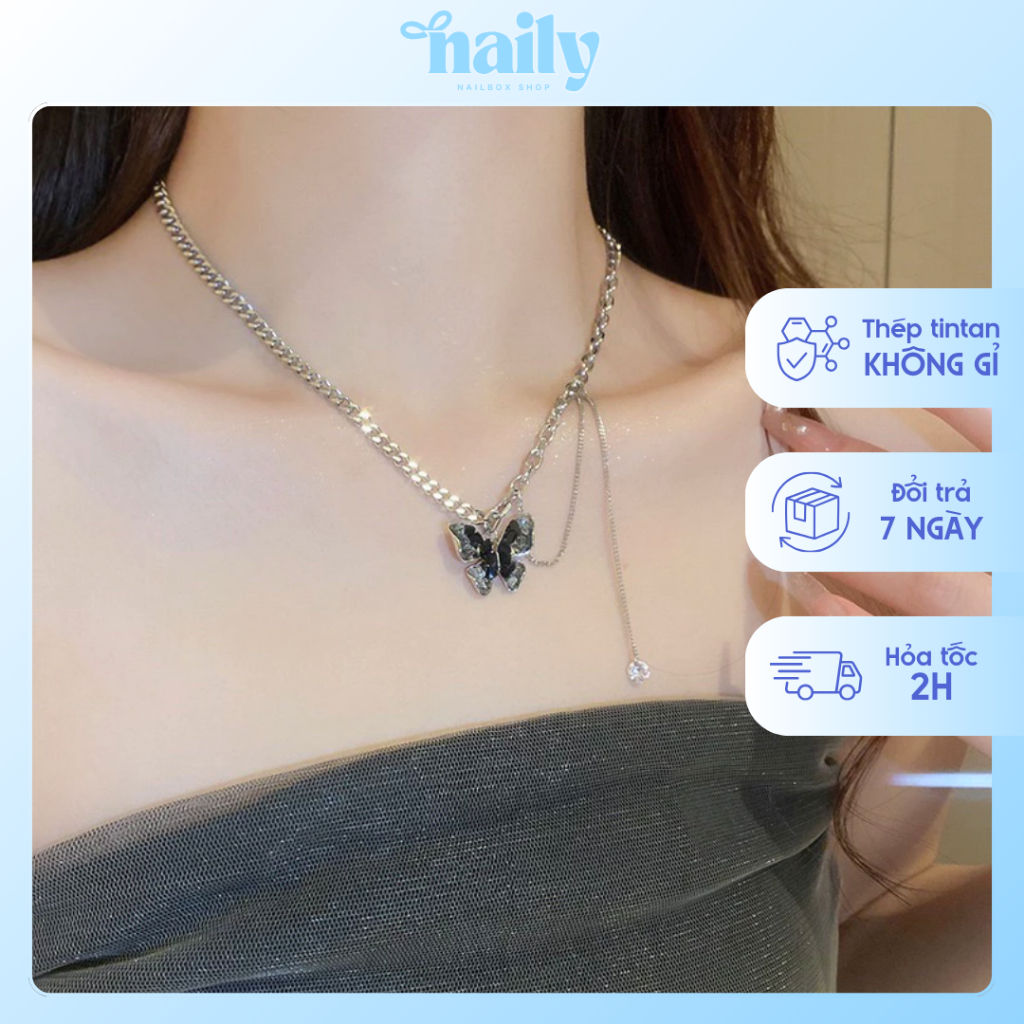 [KHÔNG ĐEN GỈ] Dây Chuyền Thép Titan Hình Charm Black Butterfly Pha Lê Dây Tua Rua