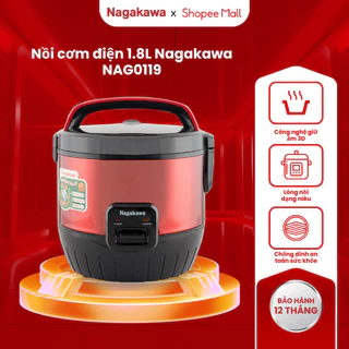 Nồi cơm điện 1.8L Nagakawa màu đỏ NAG0119, chống dính, công nghệ ủ ấm 3 chiều, bảo hành 12 tháng