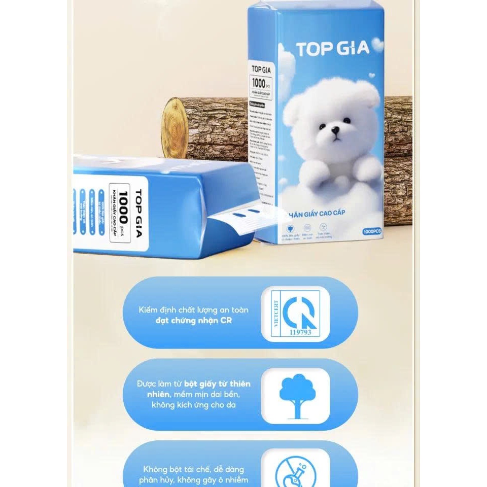 Bịch giấy rút siêu dai 4 lớp 1000 tờ GiaGia tặng kèm móc treo tường- 1 BỊCH