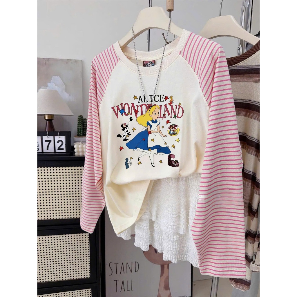 BST Thu Đông Áo dài tay phối kẻ sọc hồng Vintage JULY FASHION, Áo tay dài nữ in hình chất cotton mềm mịn, dày dặn