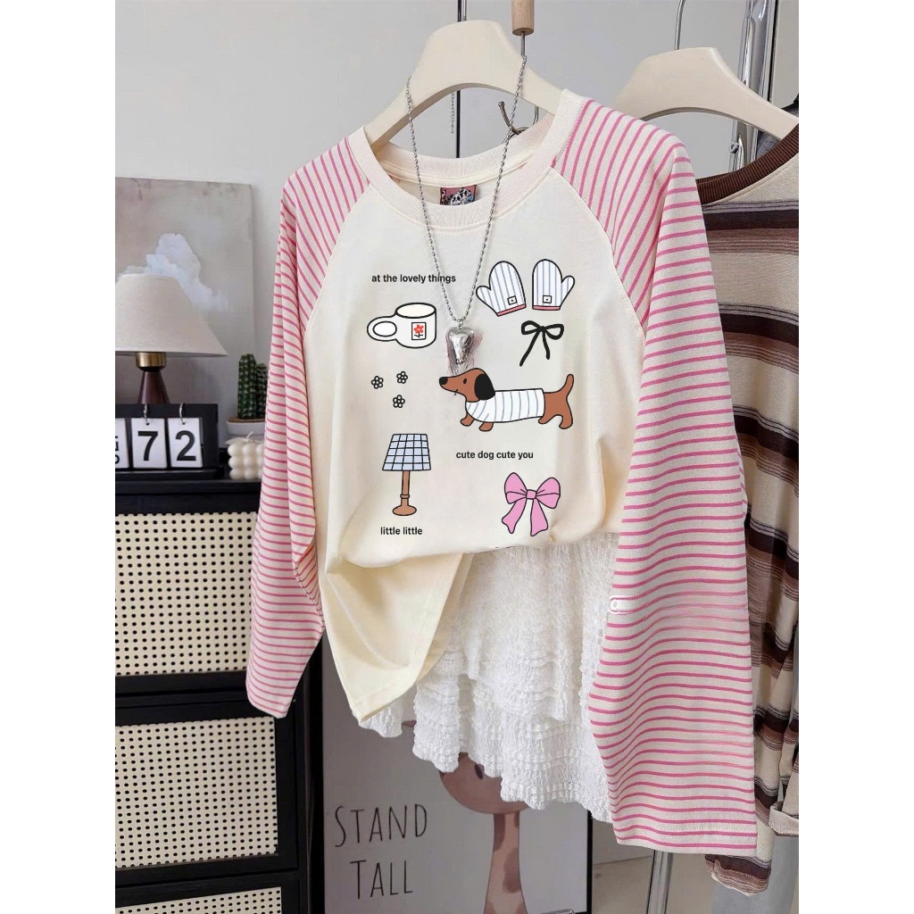 BST Thu Đông Áo dài tay phối kẻ sọc hồng Vintage JULY FASHION, Áo tay dài nữ in hình chất cotton mềm mịn, dày dặn