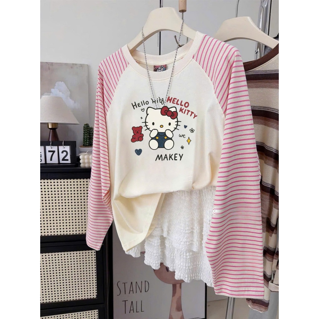 BST Thu Đông Áo dài tay phối kẻ sọc hồng Vintage JULY FASHION, Áo tay dài nữ in hình chất cotton mềm mịn, dày dặn