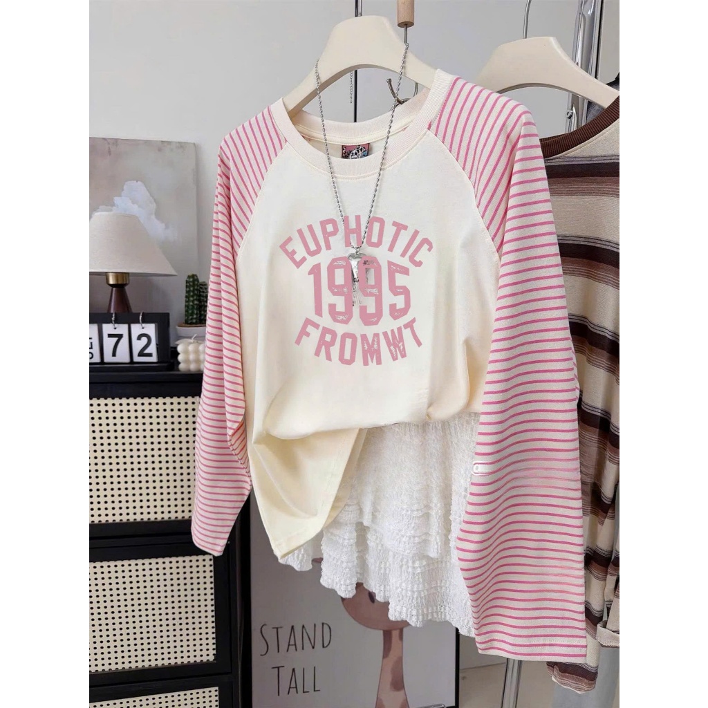 BST Thu Đông Áo dài tay phối kẻ sọc hồng Vintage JULY FASHION, Áo tay dài nữ in hình chất cotton mềm mịn, dày dặn