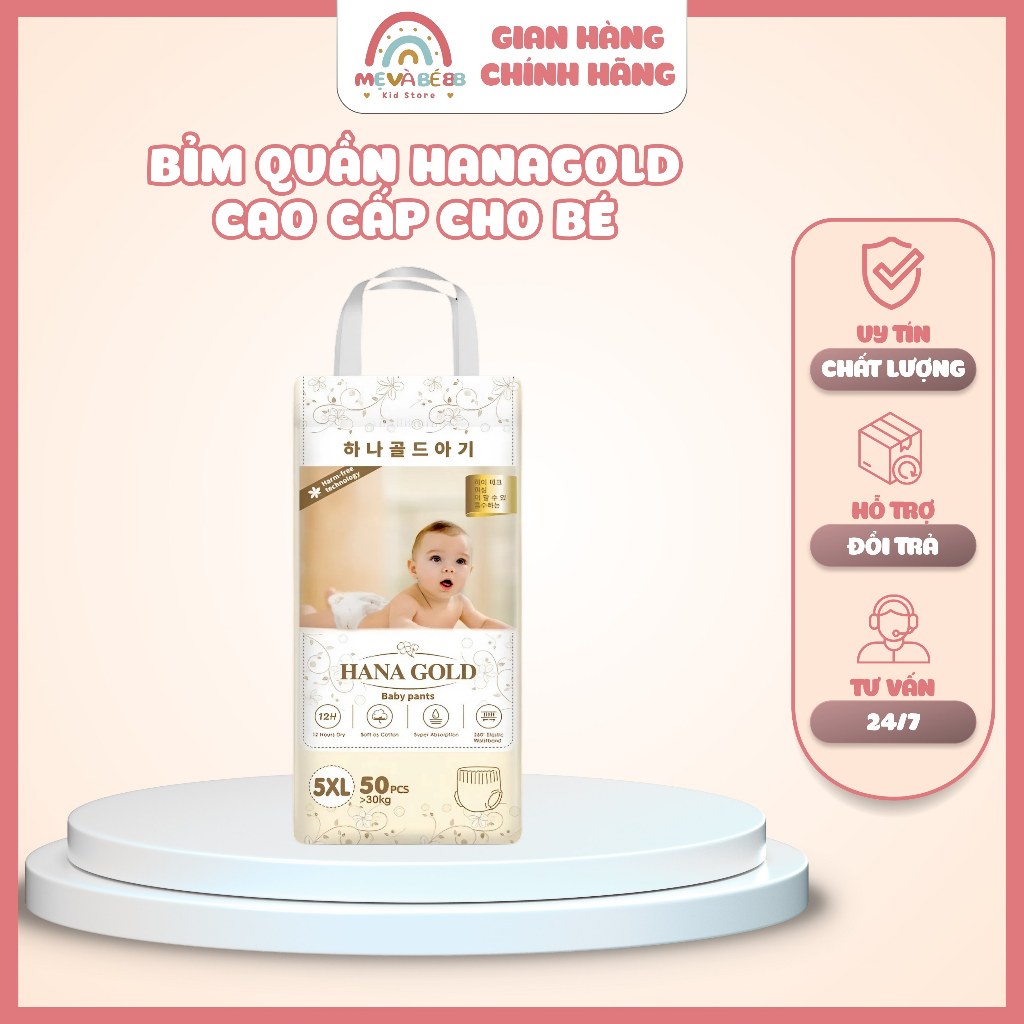 Bỉm Quần HANA GOLD, thiết kế ôm sát, mềm mại, khô thoáng, an toàn cho trẻ 5-30KG, có các size M/L/XL/XXL/XXXL