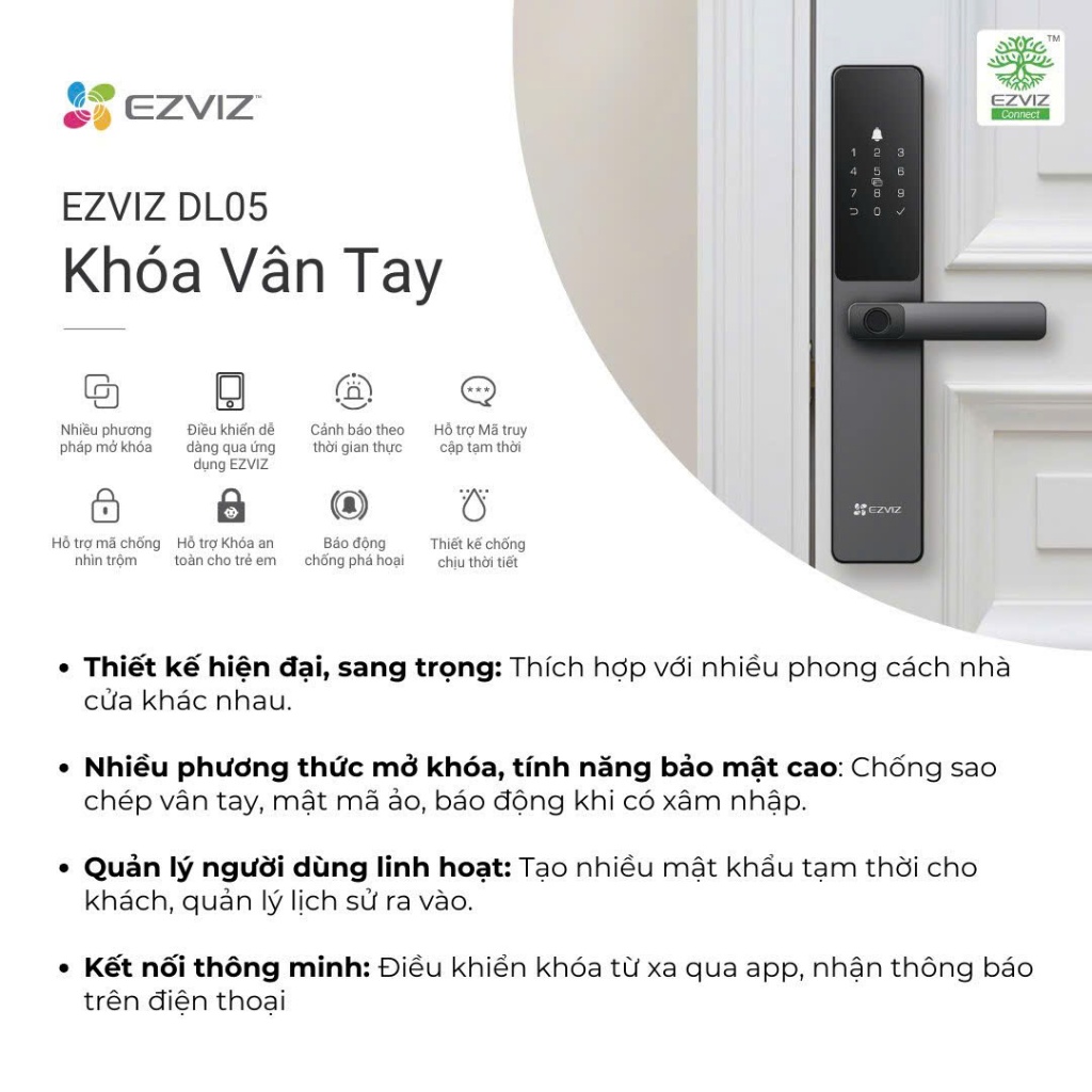 KHÓA VÂN TAY EZVIZ DL05 ĐIỀU KHIỂN TỪ XA QUA APP DÀNH CHO CỬA GỖ, THÉP CHỐNG CHÁY