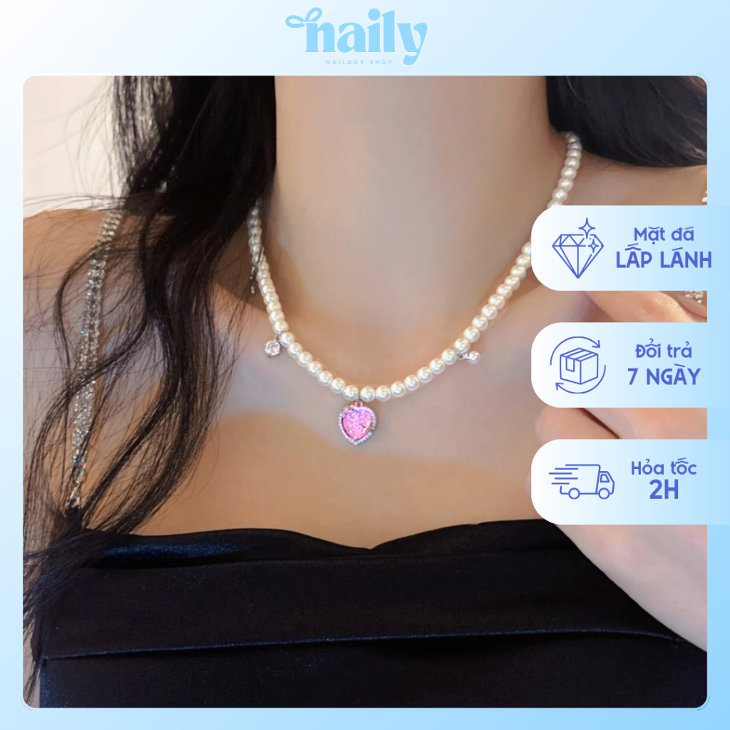 Dây chuyền hạt ngọc hình trái tim bằng đá zircon phối ngôi sao 4 cánh phong cách cá tính [Sparkle Heart]