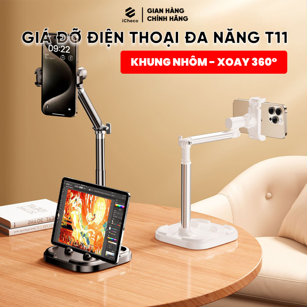 Giá đỡ điện thoại T10 livestream quay video review sản phẩm xem phim xoay 360 độ iCheco