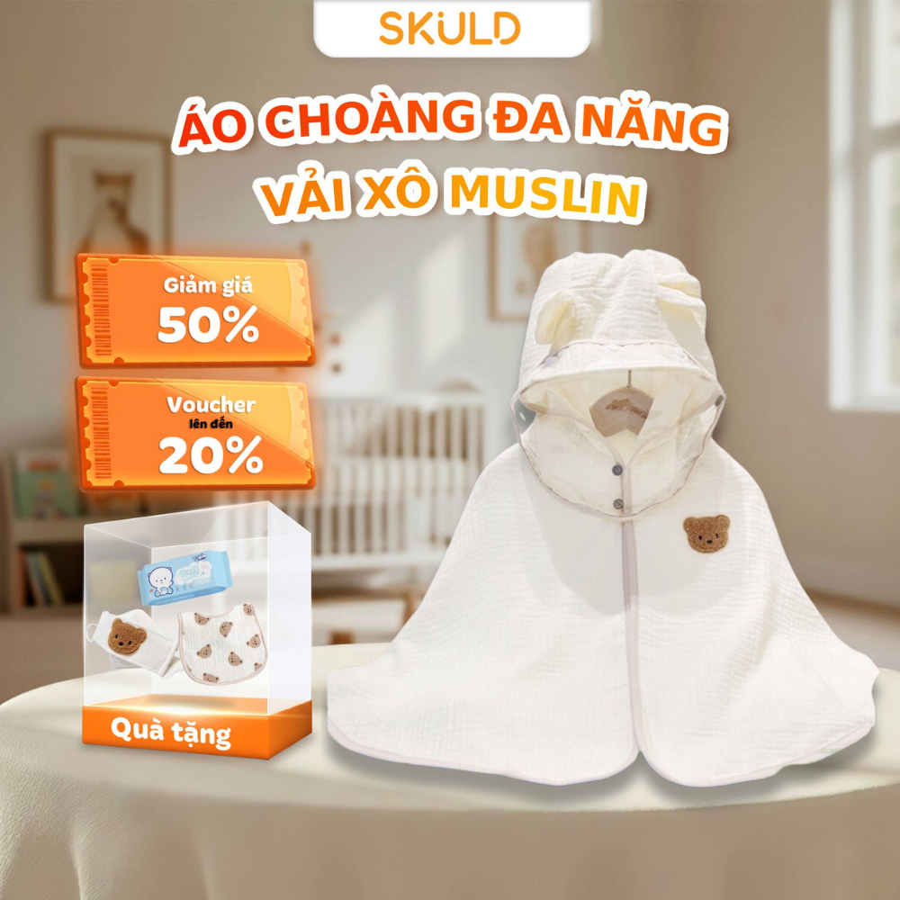 Áo Choàng Chống Nắng SKULD AC01 – Vải Xô Muslin Cho Bé 0–3 Tuổi, Kèm Kính Chắn Bụi, Cúc Bấm Tiện Lợi
