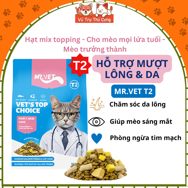 Thức Ăn Hạt Cho Mèo Mr.Vet T2 Hỗ Trợ Mượt Lông Da & Sáng Mắt