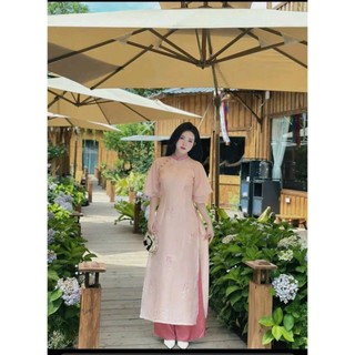 Set áo dài thời trang nữ chất tơ tay loe 2 lớp cổ trụ họa tiết thêu hoa phối quần chéo nhung dài ống rộng